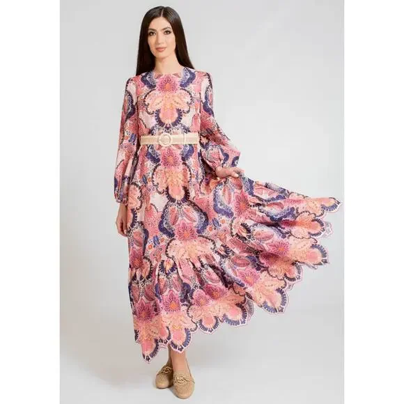 Zimmermann Laurel Billow Belted Puff Sleeve Midi Linen Dress Pink Purple - Picture 2 of 16